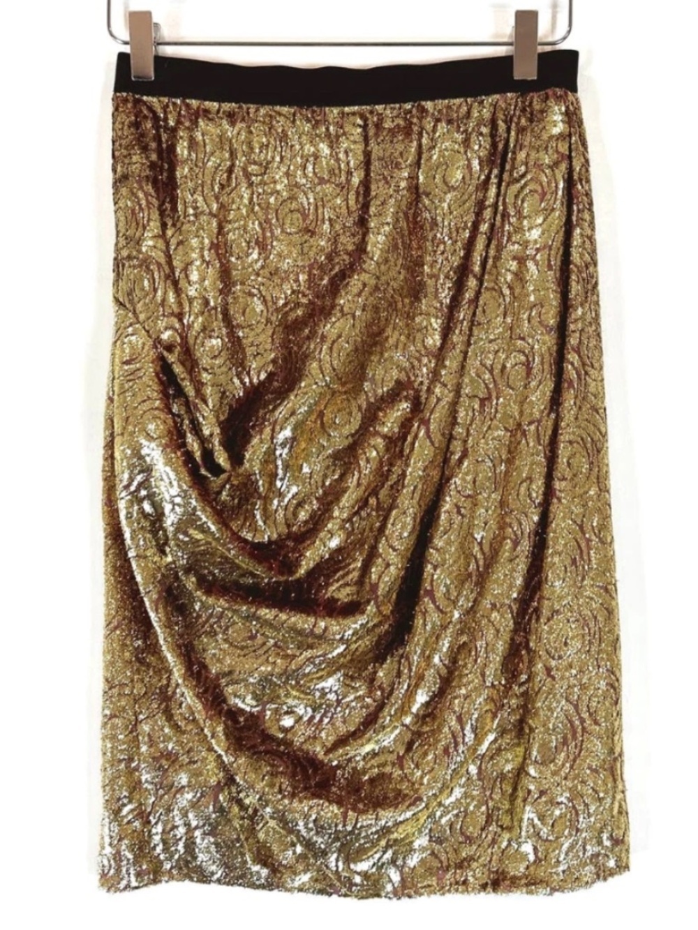 DEREK LAM Gold Lamé Draped Burnout Silk Blend Skirt - IT 44 / US 8